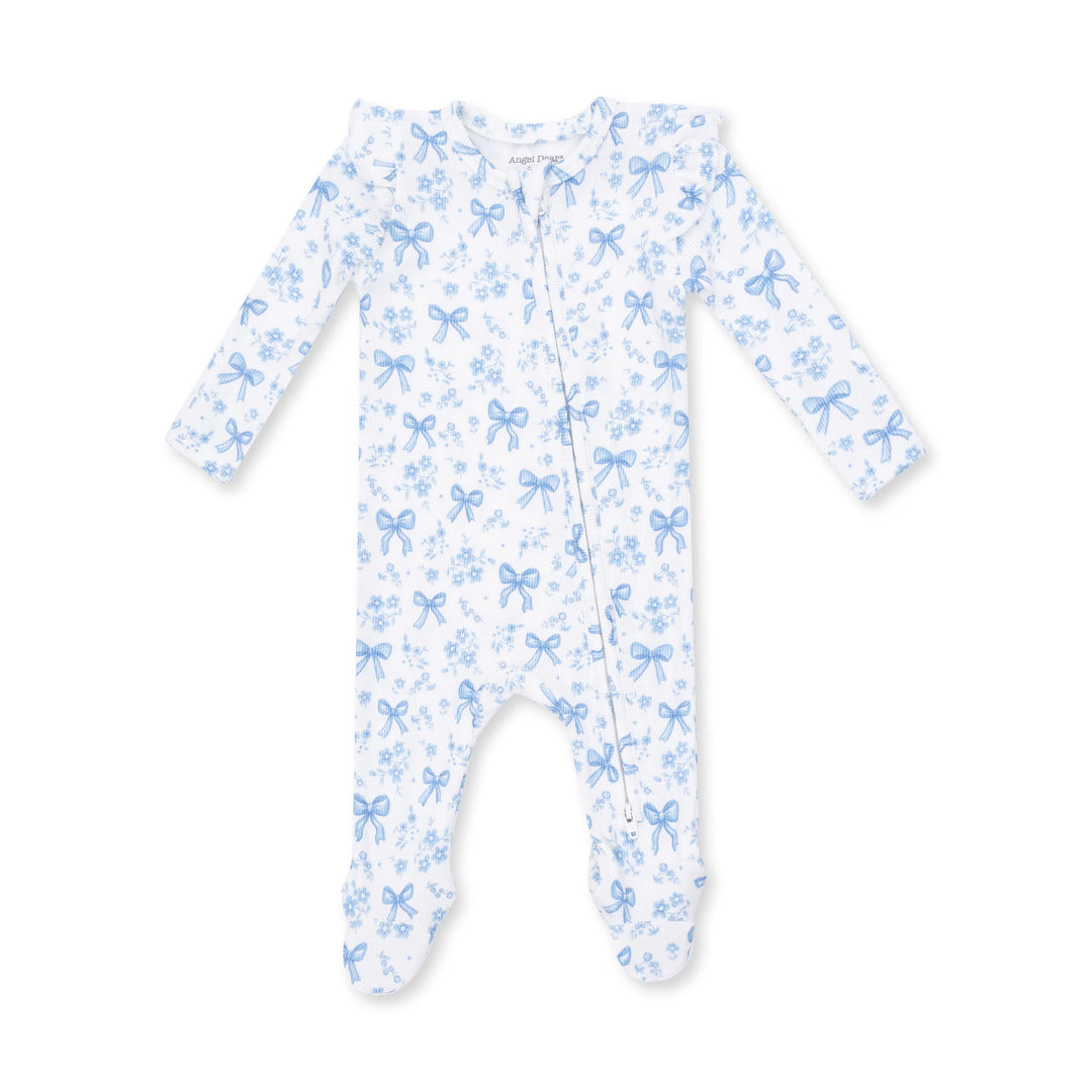 Blue Bows &amp; Flowers 2 Way Ruffle Sleeve Zipper Footie