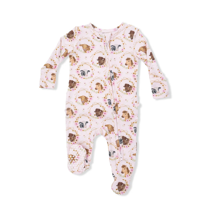 Farm Animals Floral Ruffle 2 Way Zipper Footie