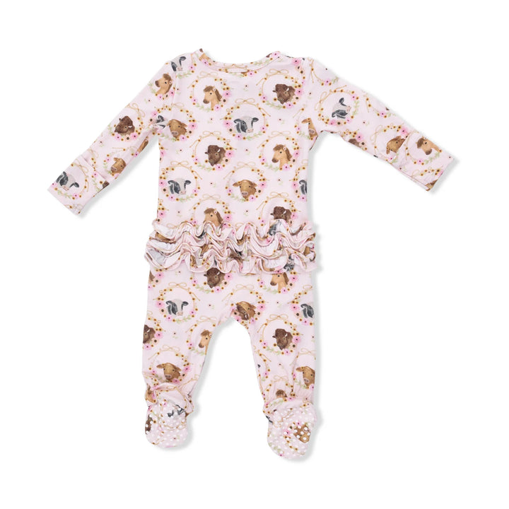 Farm Animals Floral Ruffle 2 Way Zipper Footie