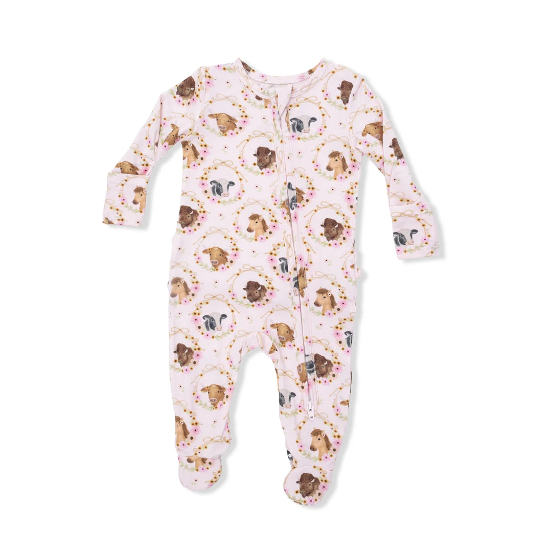 Farm Animals Floral Ruffle 2 Way Zipper Footie