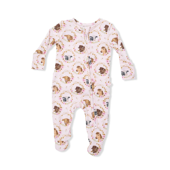 Farm Animals Floral Ruffle 2 Way Zipper Footie