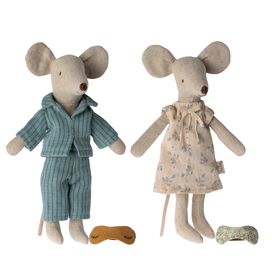 Maileg Mum &amp; Dad Mice in Cigar Box (Blue Floral Nightgown)