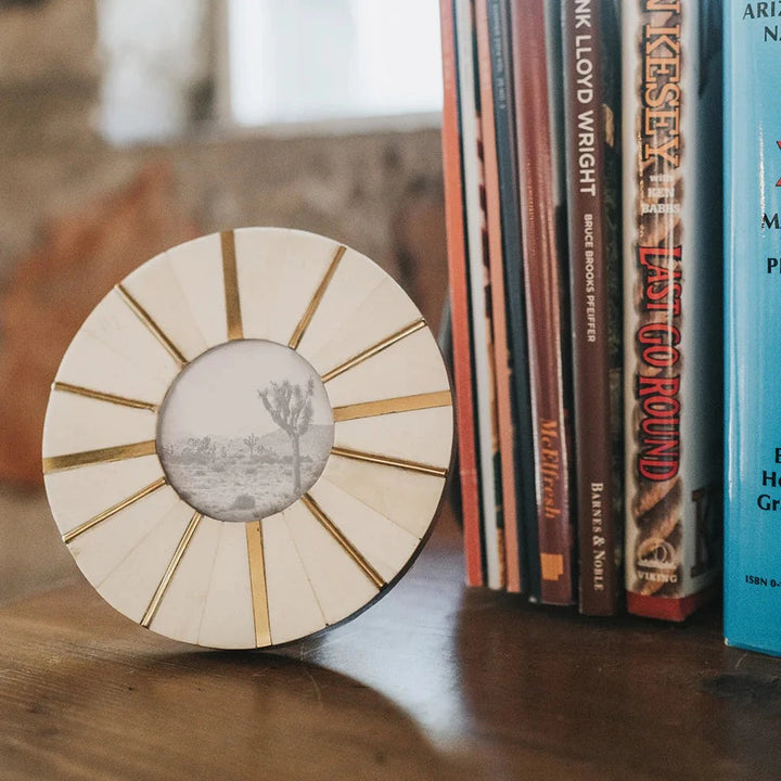 3" x 3" Mukhendu Round Picture Frame - Carved Bone, Brass Accents