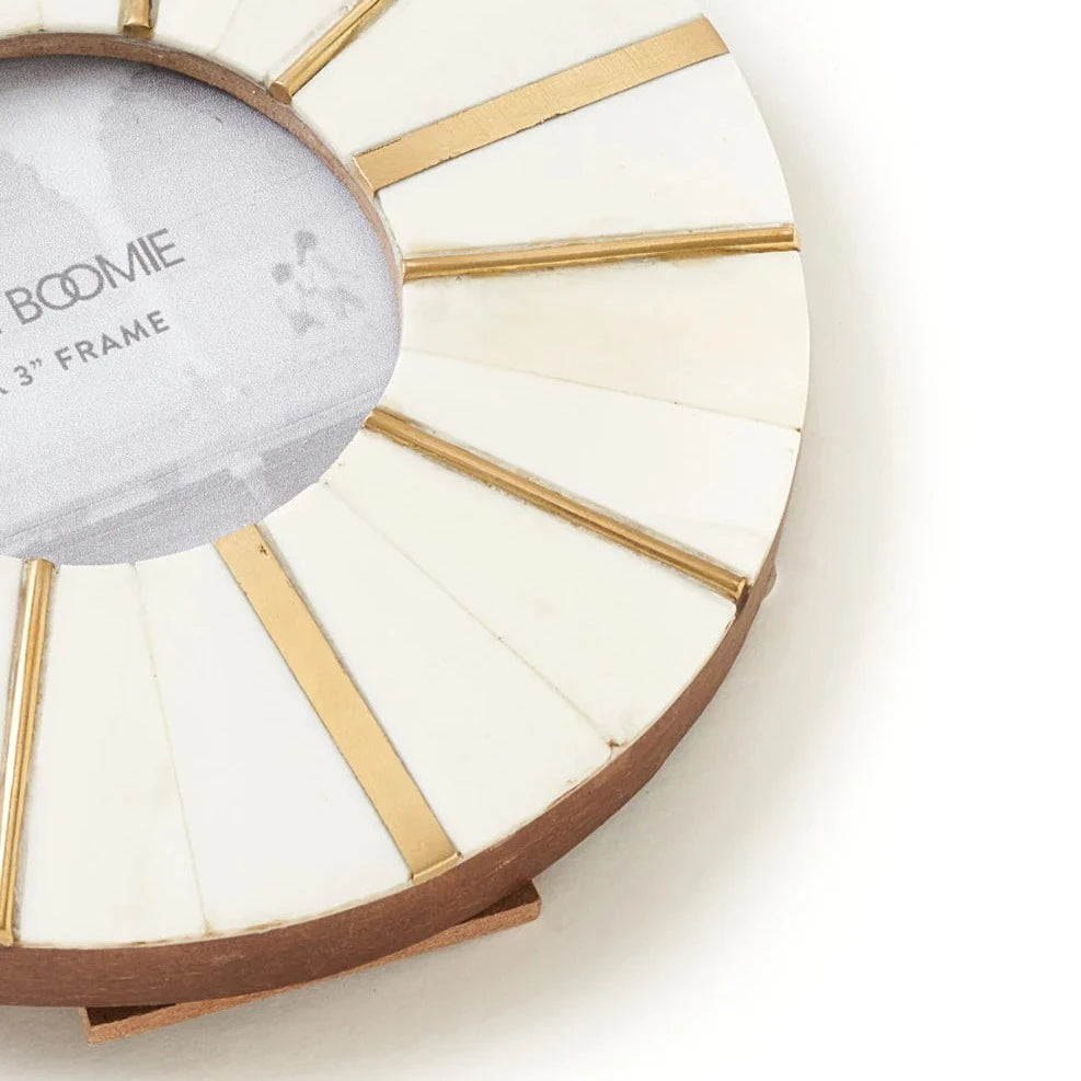 3" x 3" Mukhendu Round Picture Frame - Carved Bone, Brass Accents
