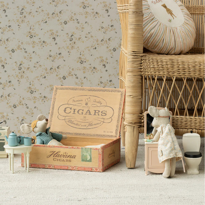 Maileg Mum &amp; Dad Mice in Cigar Box (Blue Floral Nightgown)
