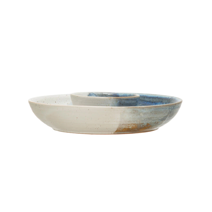 Blue Stoneware Chip and Dip Hand Painted
