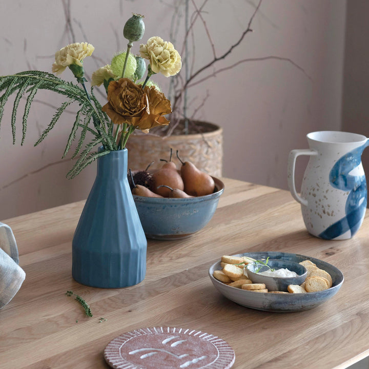 Blue Stoneware Chip and Dip Hand Painted