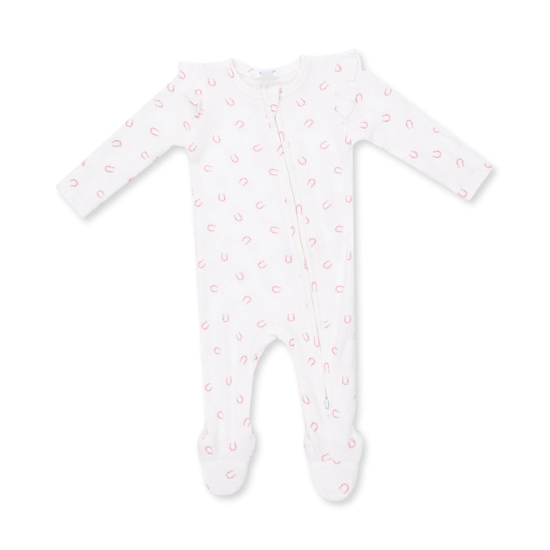 Little Horseshoes Pink 2 Way Ruffle Sleeve Zipper Footie