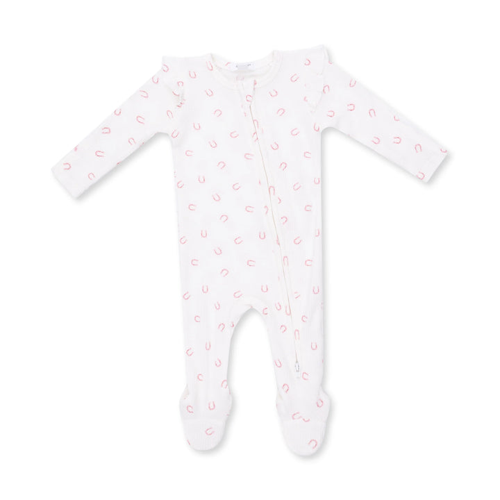 Little Horseshoes Pink 2 Way Ruffle Sleeve Zipper Footie