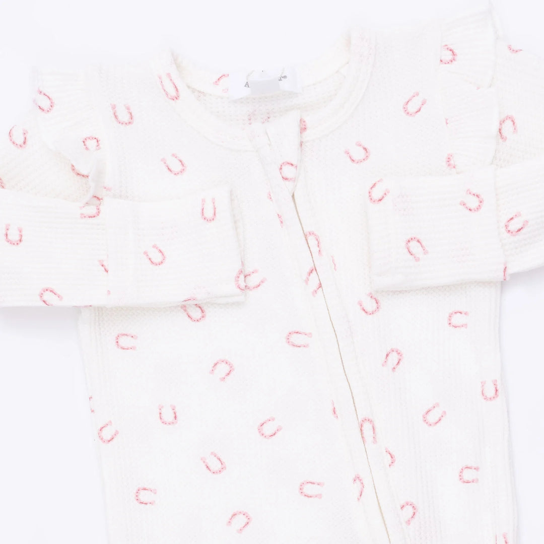 Little Horseshoes Pink 2 Way Ruffle Sleeve Zipper Footie