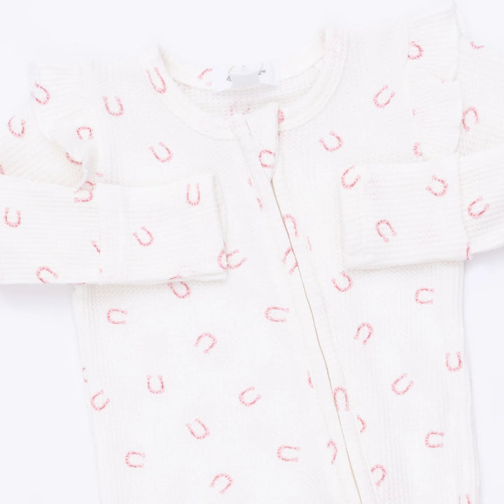 Little Horseshoes Pink 2 Way Ruffle Sleeve Zipper Footie