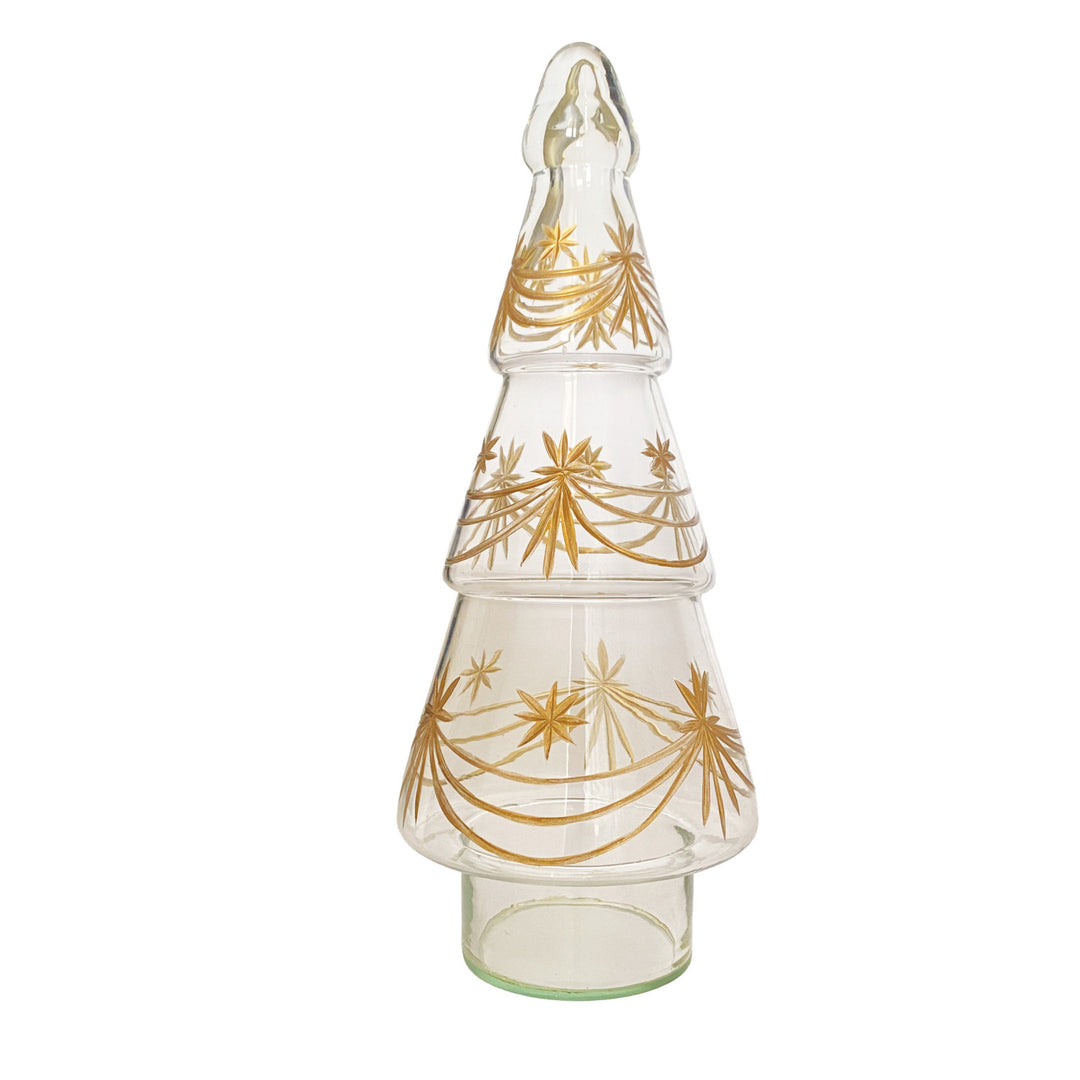 11.75"h Hand-Blown Etched Glass Tree w/Gold Design