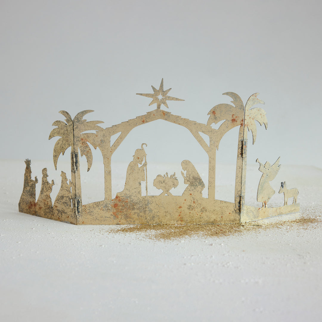 Distressed Gold Finish Metal Folding Nativity Scene