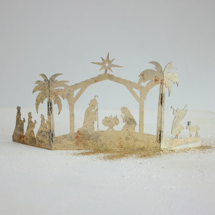 Distressed Gold Finish Metal Folding Nativity Scene