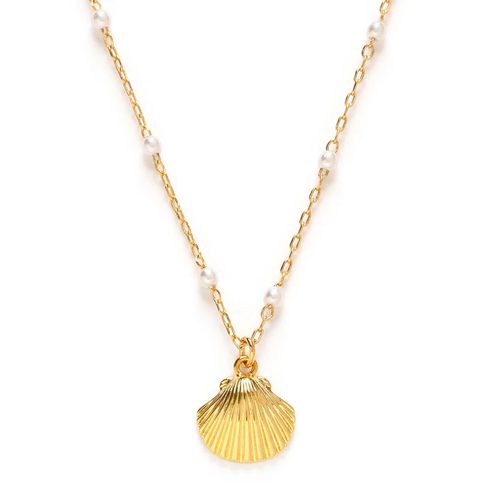 Scallop Shell on Pearl Station Chain Necklace
