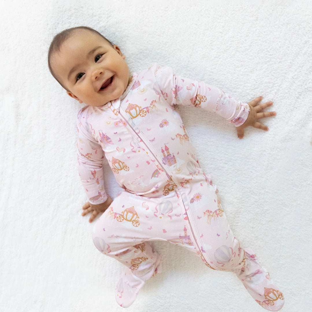 Princess Unicorns &amp; Castle 2 Way Ruffle Back Zipper Footie