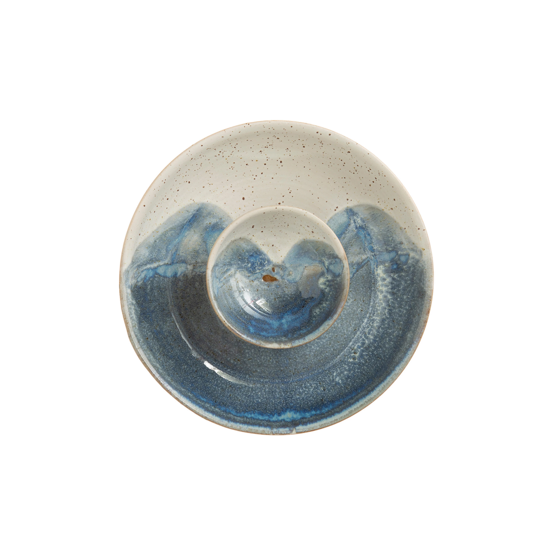 Blue Stoneware Chip and Dip Hand Painted