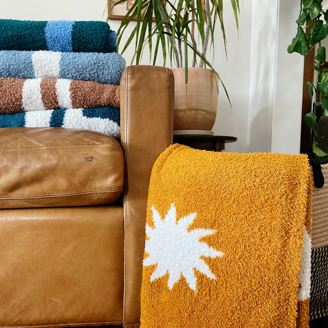 Dancing Palms Plush Throw - Chambray Blue