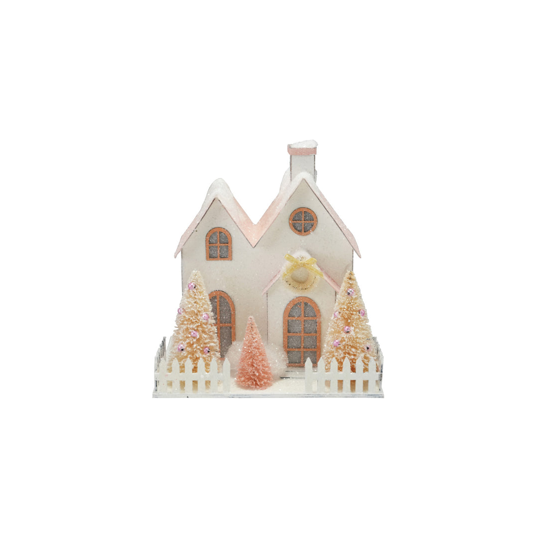 Paper House with Sisal Bottle Brush Trees, Glitter &amp; LED Light