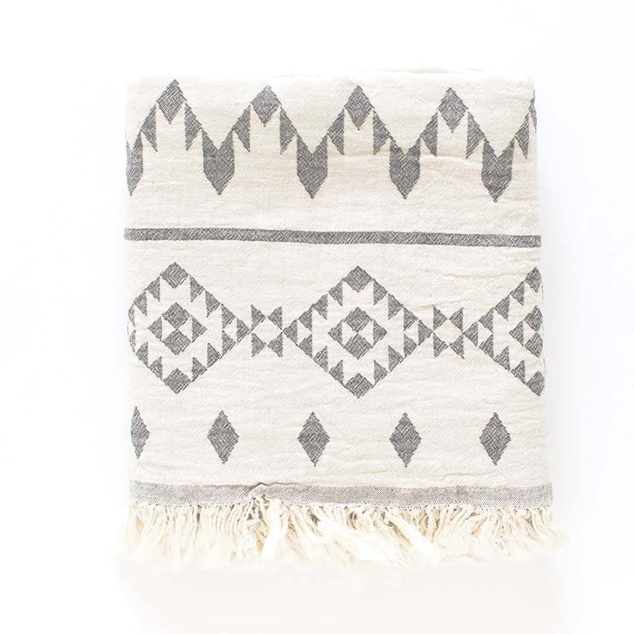 Kilim Fleece Lined Throw - Ecru with Gray